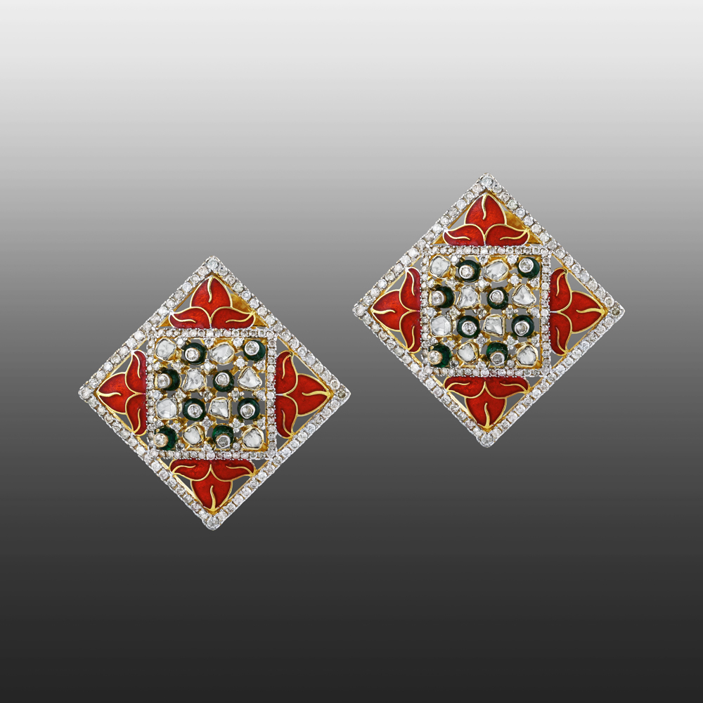 Geometric Polki Stud Earrings with Enamel and Diamonds